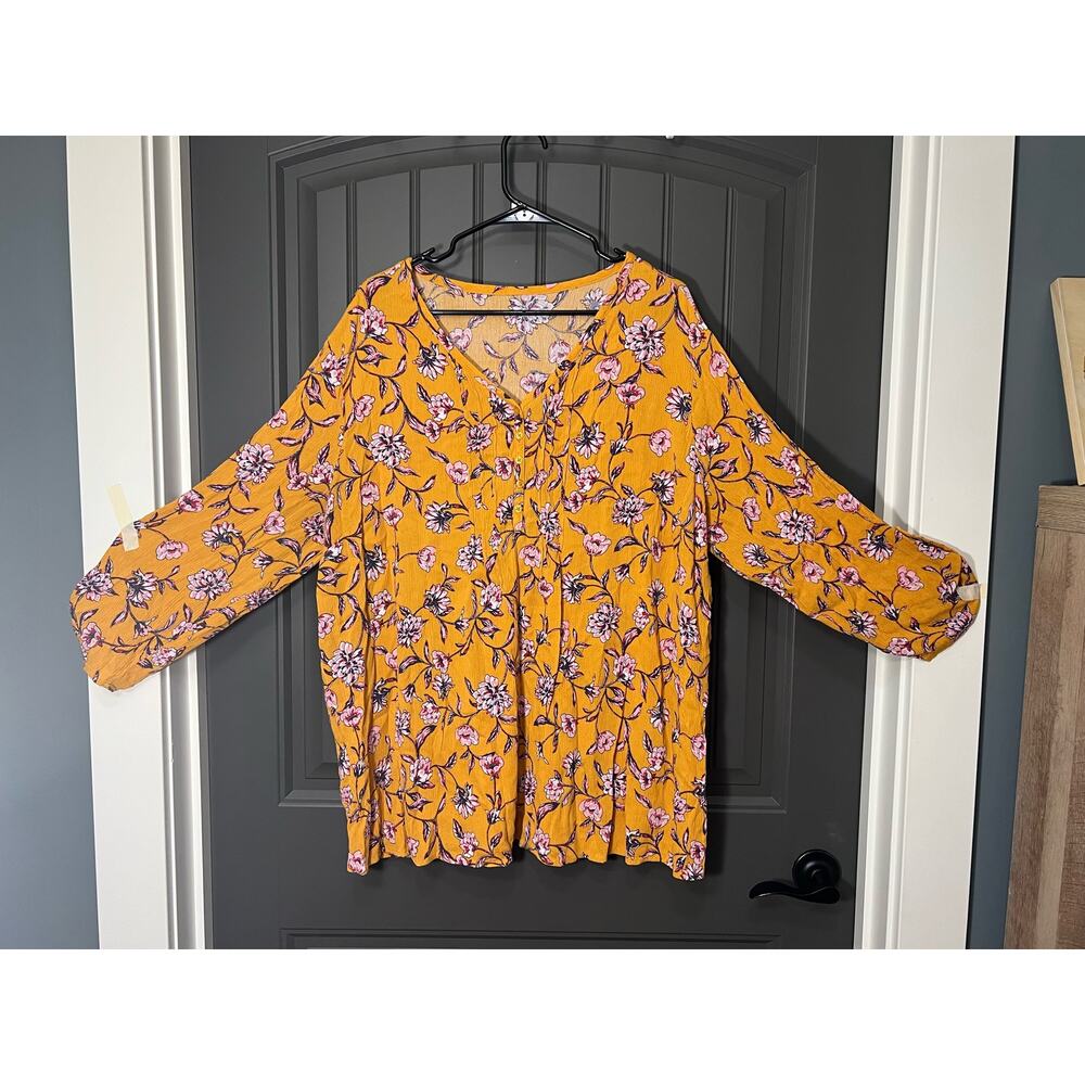 Terra and Sky Yellow Floral Long Sleeve Top Size 3x